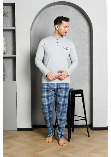 Erkek Pijama Takımı Uzun Kollu Büyük Ekoseli Biyeli Yaka Düğmeli Pamuklu M58372320