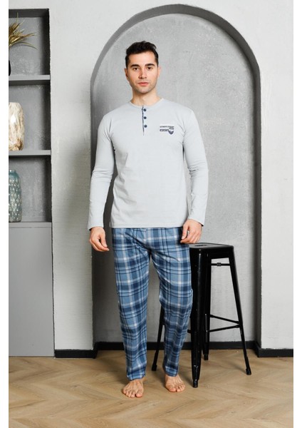 Erkek Pijama Takımı Uzun Kollu Büyük Ekoseli Biyeli Yaka Düğmeli Pamuklu M58372320
