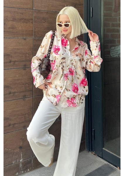 Bej Çiçek Desenli Saten Gömlek MG1787