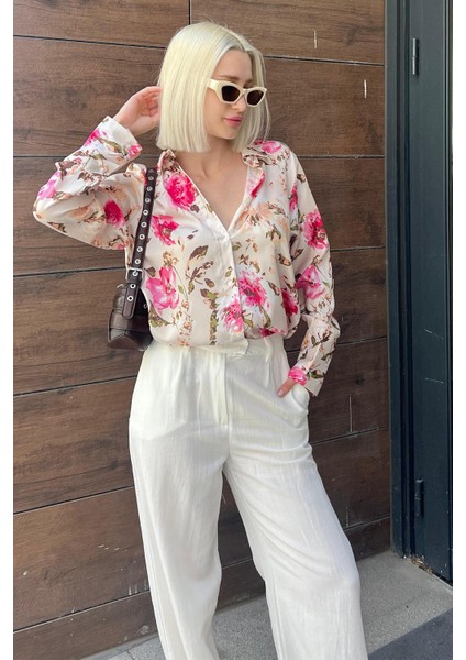 Bej Çiçek Desenli Saten Gömlek MG1787 fiyatları