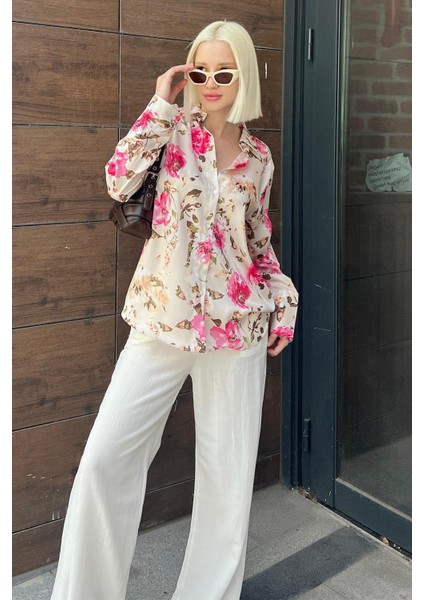 Bej Çiçek Desenli Saten Gömlek MG1787 modelleri