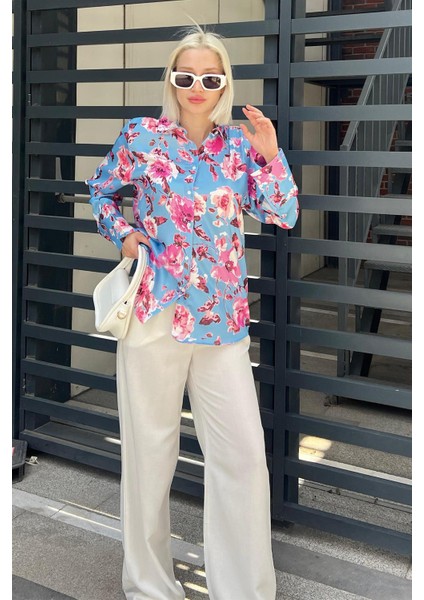 Bebe Mavisi Çiçek Desenli Saten Gömlek MG1787 fiyatları