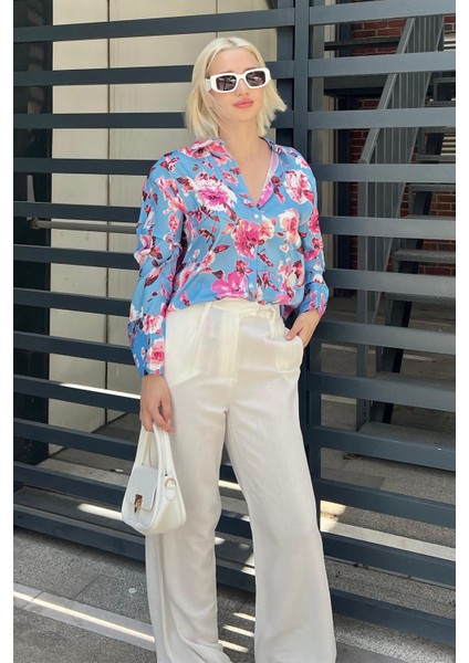 Bebe Mavisi Çiçek Desenli Saten Gömlek MG1787 fırsatları