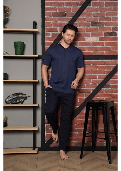 Erkek Süprem Kısa Kollu Hakim Yaka Üst Desenli Pijama Takımı M58422339