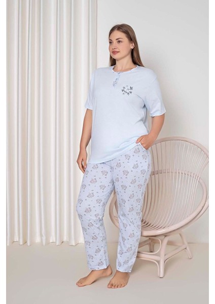 Kadın Pijama Takımı Battal Süprem Kısa Kollu Küçük Çiçek Desenli W40092348