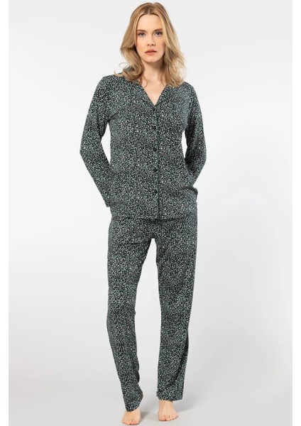 Kadın Çiçekli Uzun Kollu Gömlek Yaka Pijama Takımı 95% Pamuk, 5% Elastan