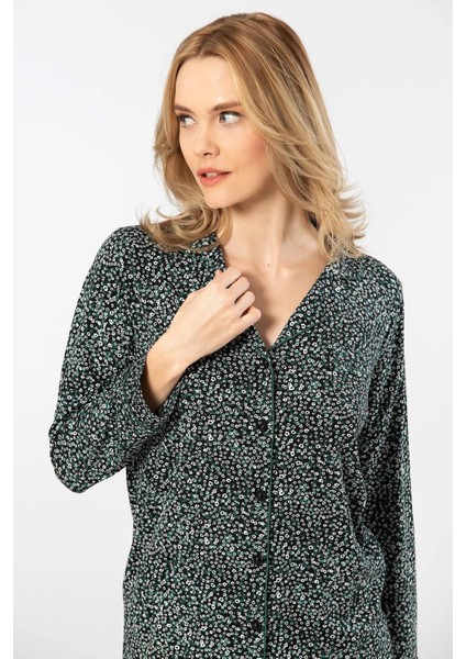 Kadın Çiçekli Uzun Kollu Gömlek Yaka Pijama Takımı 95% Pamuk, 5% Elastan