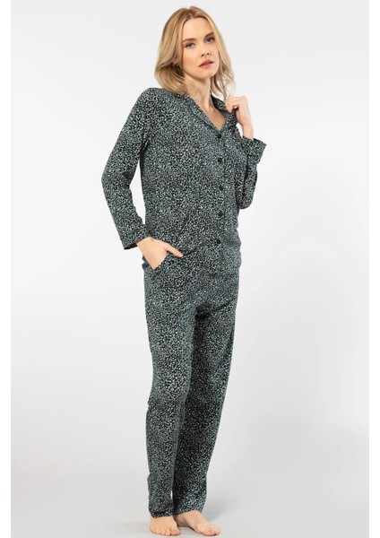 Kadın Çiçekli Uzun Kollu Gömlek Yaka Pijama Takımı 95% Pamuk, 5% Elastan