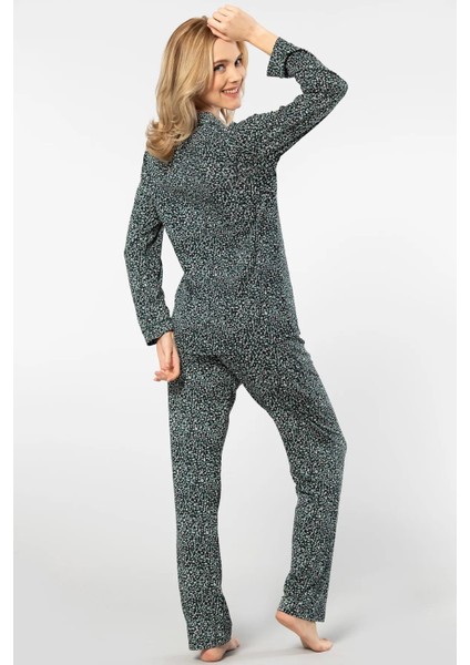 Kadın Çiçekli Uzun Kollu Gömlek Yaka Pijama Takımı 95% Pamuk, 5% Elastan