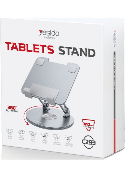 C293 360 Derece Ayarlanabilir Metal Tablet Standı - Gümüş 379090