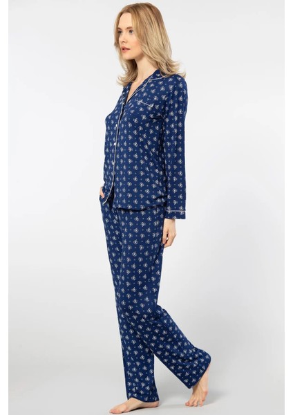 Kadın Çiçekli Uzun Kollu Gömlek Yaka Pijama Takımı 95% Pamuk, 5% Elastan