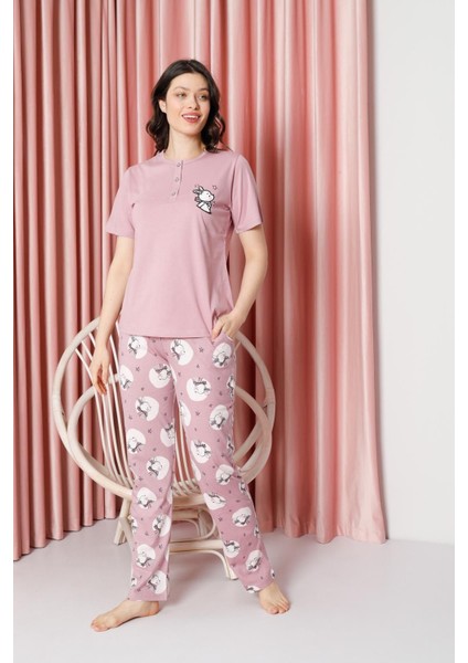 Kadın Pijama Takımı Kısa Kollu Tavşan Desenli Pamuklu Süprem W20642317