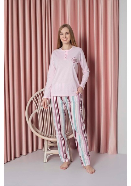 Kadın Pijama Takımı Süprem Uzun Kollu Alt Çizgili Göğüs Nakışlı Pamuklu W20712327