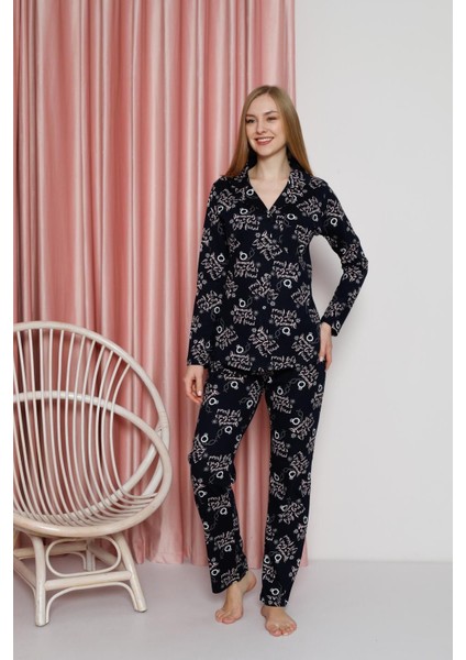 Kadın Pijama Takımı Süprem Uzun Kollu Boydan Düğmeli Diamond Yazılı Pamuklu Mevsimlik W20622305