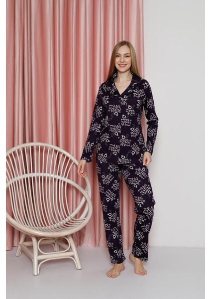 Kadın Pijama Takımı Süprem Uzun Kollu Boydan Düğmeli Diamond Yazılı Pamuklu Mevsimlik W20622305 modelleri