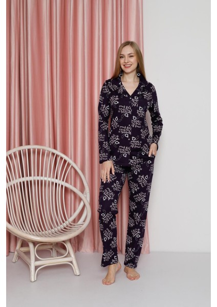 Kadın Pijama Takımı Süprem Uzun Kollu Boydan Düğmeli Diamond Yazılı Pamuklu Mevsimlik W20622305 fırsatları
