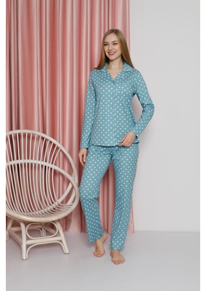 Kadın Pijama Takımı Süprem Uzun Kollu Puantiyeli Boydan Düğmeli Cepli Pamuklu Mevsimlik W20612304 modelleri
