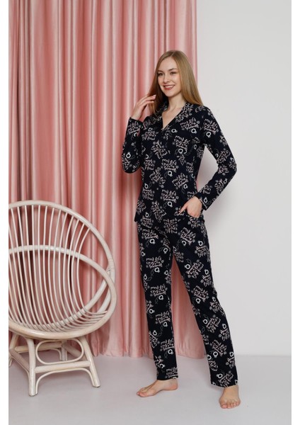 Kadın Pijama Takımı Süprem Uzun Kollu Boydan Düğmeli Diamond Yazılı Pamuklu Mevsimlik W20622305 modelleri