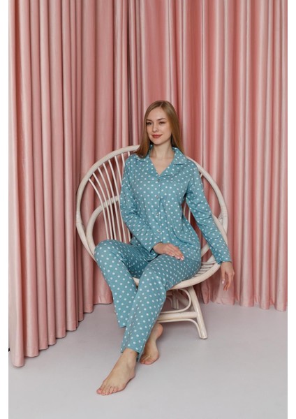 Kadın Pijama Takımı Süprem Uzun Kollu Puantiyeli Boydan Düğmeli Cepli Pamuklu Mevsimlik W20612304 indirimleri