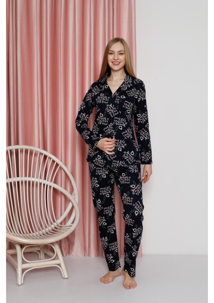 Kadın Pijama Takımı Süprem Uzun Kollu Boydan Düğmeli Diamond Yazılı Pamuklu Mevsimlik W20622305 fırsatları