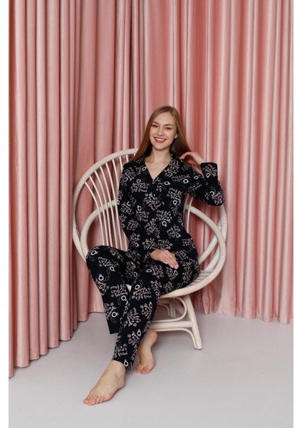 Kadın Pijama Takımı Süprem Uzun Kollu Boydan Düğmeli Diamond Yazılı Pamuklu Mevsimlik W20622305 indirimleri