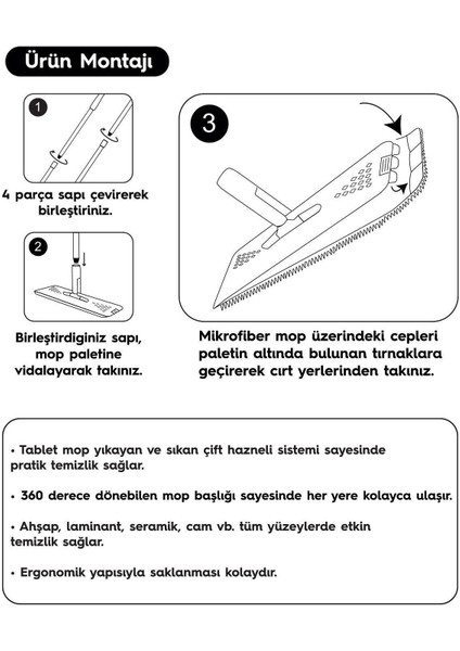 Gri Tablet Mop 4 Adet Yedekli Temizlik Seti Paspas