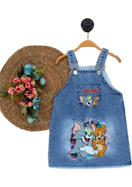 Kız Çocuk Kot Jile Salopet Tom ve Jerry Baskılı Denim Elbise - Model-5