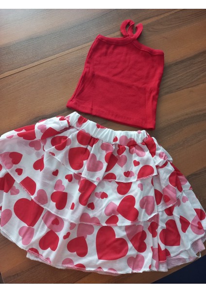 Kız Çocuk Kırmızı Kalpli Etek-Crop Takım