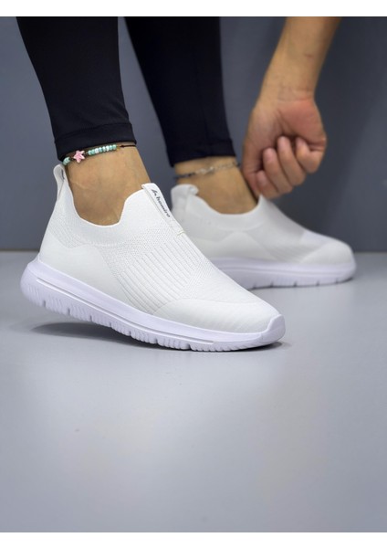 Kadın Ortopedik Bağcıksız Triko Spor Ayakkabı-Beyaz