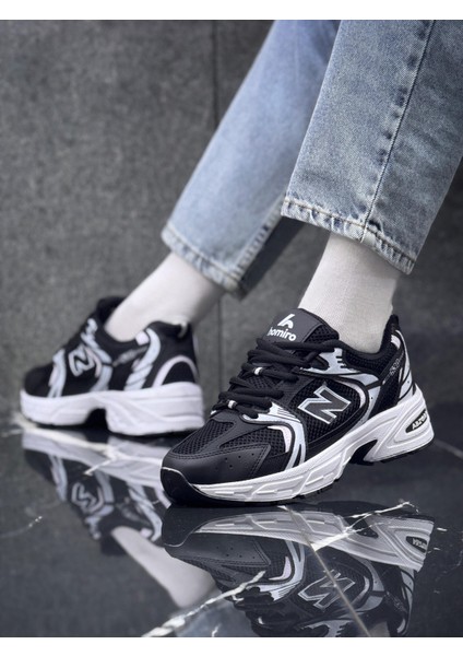 Kadın 530 Bağcıklı Ortopedik Triko Spor Sneaker Ayakkabı Siyah - Beyaz