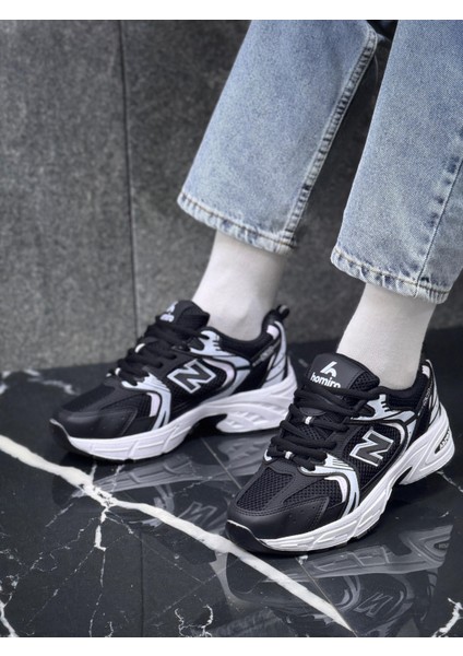Kadın 530 Bağcıklı Ortopedik Triko Spor Sneaker Ayakkabı Siyah - Beyaz modelleri