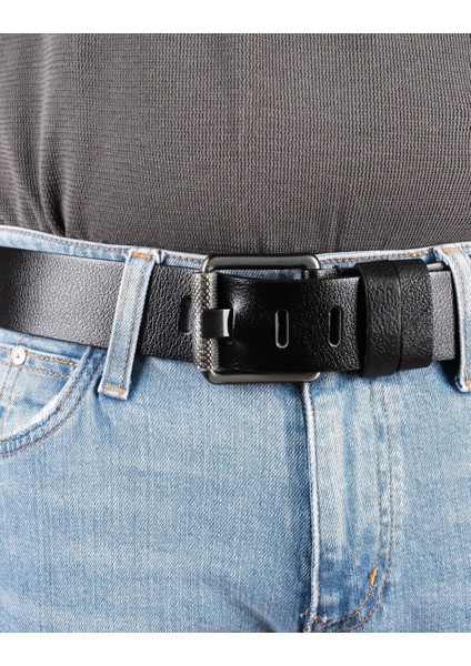Manda Derisi Erkek Kot Kemeri 4,5 Borulu Toka Siyah