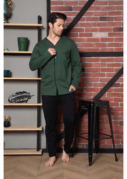 Erkek Pijama Takımı Süprem Uzun Kollu Boydan Düğmeli Pamuklu M58472345