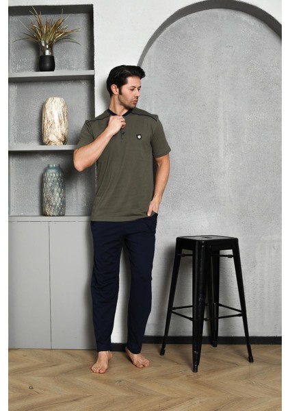 Erkek Pijama Takımı Kısa Kollu Yazlık Süprem Düğmeli Omuz Arabiyeli Armalı Pamuklu M58302309