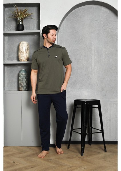 Erkek Pijama Takımı Kısa Kollu Yazlık Süprem Düğmeli Omuz Arabiyeli Armalı Pamuklu M58302309 fırsatları