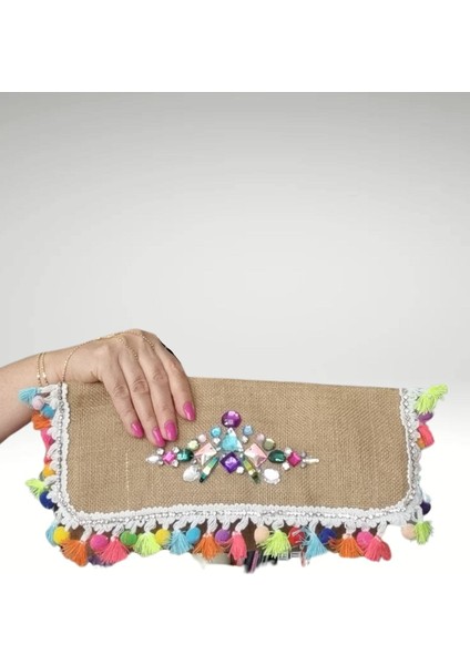 Krimo Fashion Kadın Jüt Clutch Tasarım Bez Portföy Çanta