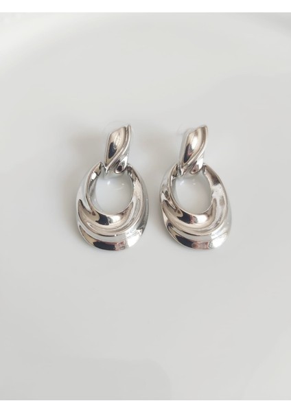 Silver Renkli Oval Halka Küpe