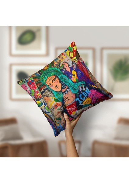 Kırlent Kılıfı Neon Yazılar Kadın Pop Art Desenli Dijital Baskılı