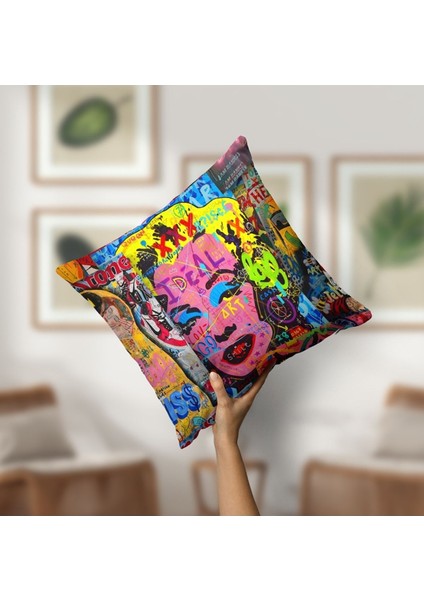 Kırlent Kılıfı Neon Yazılar Kadın Pop Art Desenli Dijital Baskılı
