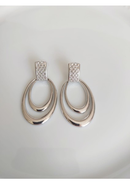 Silver Renkli Oval Ikili Halka Küpe
