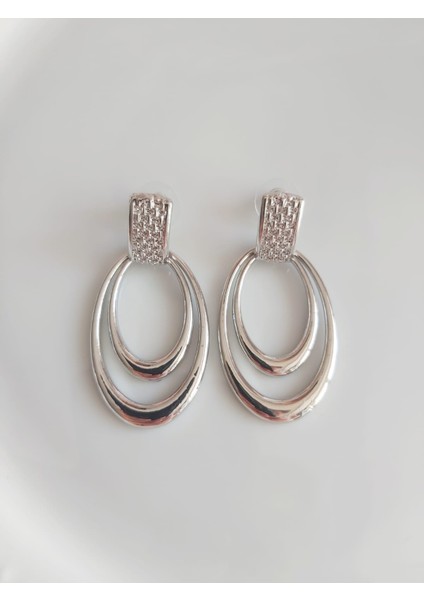 Silver Renkli Oval Ikili Halka Küpe modelleri
