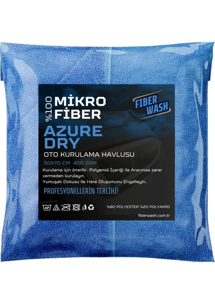 Azuredry Mikrofiber Ultrakalın Süper Emici Araç Yıkama Kurulama ve Cila Bezi 50X70 cm 450GR/M2 – Mavi