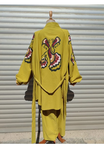 Safran Rengi Kimono Takım Desenli modelleri
