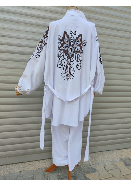 Safran Rengi Kimono Takım Desenli modelleri