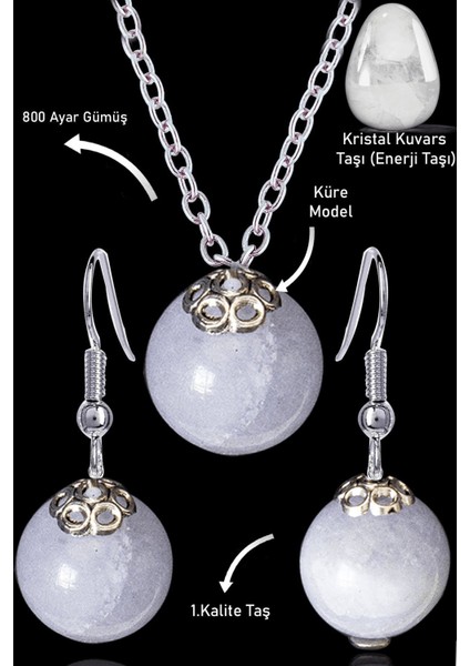 Sertifikalı Küre Model Kristal Kuvars Taşı Kolye ve Küpe Seti - Gümüş Aparatlı