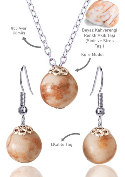 Sertifikalı Küre Model Beyaz Kahverengi Renkli Akik Taşı Kolye ve Küpe Seti - Gümüş Aparatlı