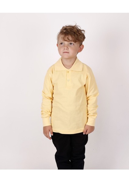 Unısex Çocuk Uzun Kol Normal Kalıp Comfort Polo Yaka Düz Renk Okul Penye Lakost T-Shırt
