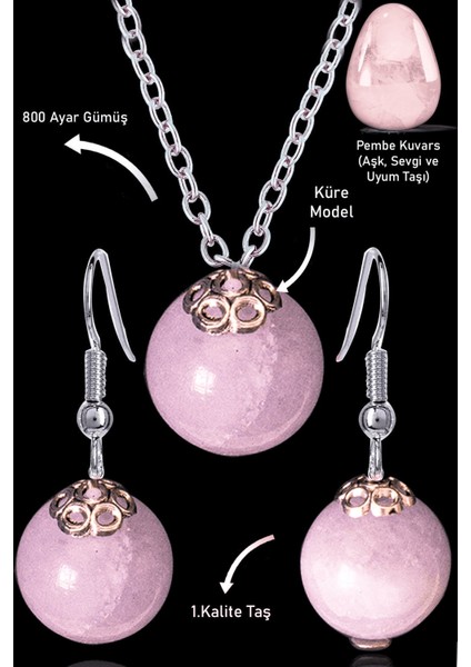 Sertifikalı Küre Model Pembe Kuvars Taşı Kolye ve Küpe Seti - Açık Renk