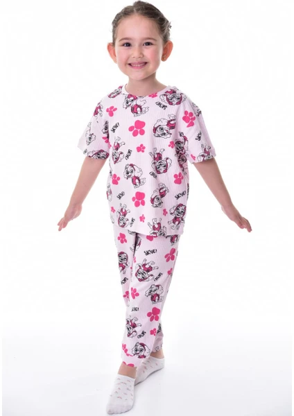 Bunny Hopp %100 Pamuk Interlok Kumaş Sevimli Paw Patrol Baskılı Kısa Kollu Yazlık Kız Çocuk Pijama Takımı