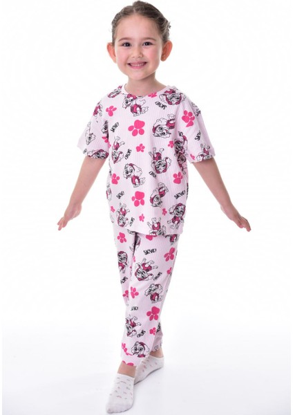 %100 Pamuk Interlok Kumaş Sevimli Paw Patrol Baskılı Kısa Kollu Yazlık Kız Çocuk Pijama Takımı